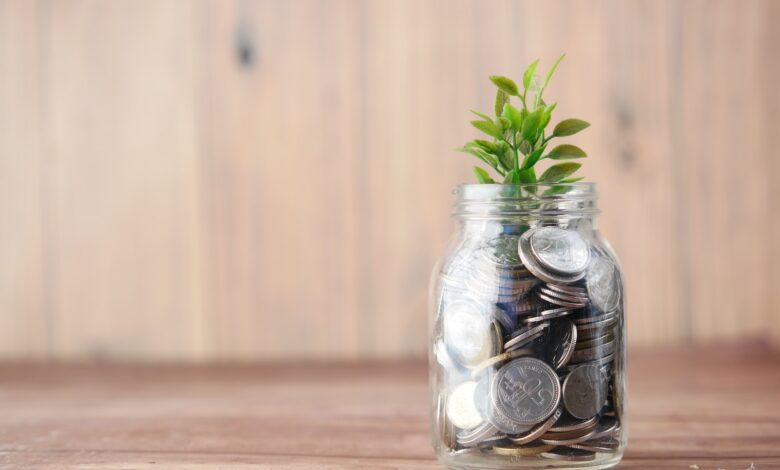 a glass jar filled with coins and a plant